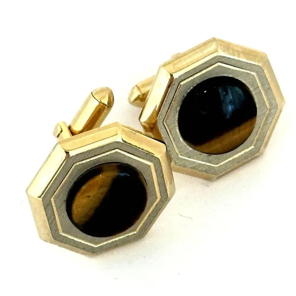 Vintage MCM Tigers Eye Cufflinks Goldtone Octagon